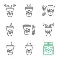 Coffee and tea drinks with sugar linear icons set. Detox herbs and cocktails. Thin line contour symbols. Isolated vector outline illustrations