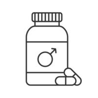 Male pills bottle linear icon. Thin line illustration. Medications. Contour symbol. Vector isolated outline drawing