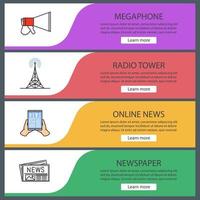 Mass media web banner templates set. Megaphone, TV or radio tower, online news, newspaper. Website color menu items. Vector headers design concepts