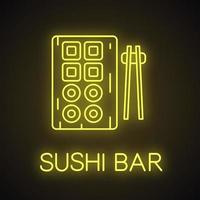 Sushi and chopsticks neon light icon. Sushi bar glowing sign. Vector isolated illustration