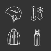 Winter activities chalk icons set. Helmet, winter temperature, ski jacket and pants. Isolated vector chalkboard illustrations