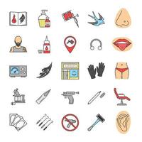 Tattoo studio color icons set. Piercing service. Tattoo sketches, instruments and equipment. Isolated vector illustrations