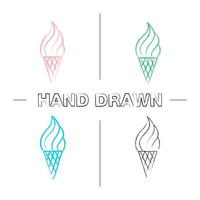 Conjunto de iconos dibujados a mano de cono de helado. trazo de pincel de color. ilustraciones incompletas del vector aislado