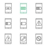 Smartphone linear icons set. Low and high smartphone battery charge, error, FAQ, settings, no signal. Thin line contour symbols. Isolated vector outline illustrations