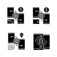 Smartphone glyph icons set. Bitcoin and dollar digital wallets, GPS navigation, security synchronisation. Silhouette symbols. Vector isolated illustration