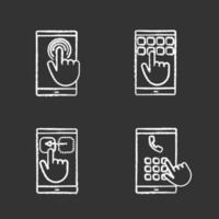Smartphone touchscreen chalk icons set. Double tap touch and drag gesture, phone number dialing, keypad. Isolated vector chalkboard illustrations