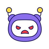 Angry robot emoji color icon. Frowned chatbot smiley. Chat bot emoticon. Artificial conversational entity. Virtual assistant. Artificial intelligence. Isolated vector illustration