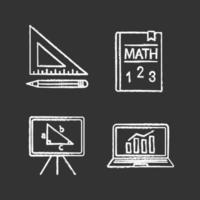 Conjunto de iconos de tiza de matemáticas. regla triangular y lápiz, libro de texto de matemáticas, pizarra, estadísticas. ilustraciones de pizarra vector aislado