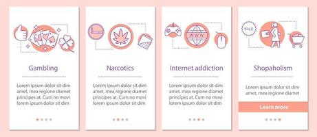 Human addictions onboarding mobile app page screen with linear concepts. Gambling, narcotics, Internet addiction, shopaholism steps graphic instructions. UX, UI, GUI vector template with illustrations