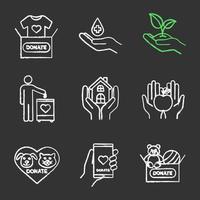 Charity chalk icons set. Blood, toys, clothes, food donation, greening, fundraising, shelter for homeless, animals welfare, smartphone donation app. Isolated vector chalkboard illustrations