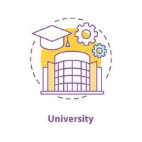 University concept icon. High education idea thin line illustration. Student's graduation hat, cogwheels, college building. Vector isolated outline drawing