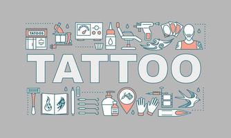 Tattoo studio word concepts banner. Piercing service. Tattoo sketches, instruments, equipment. Isolated lettering typography idea with linear icons. Vector outline illustration