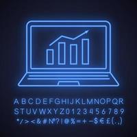 Statistics neon light icon. Laptop display with market growth chart. Analysis. Statistics diagram. Glowing sign with alphabet, numbers and symbols. Vector isolated illustration