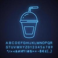 Refreshing soda drink neon light icon. Lemonade paper cup with straw. Glowing sign with alphabet, numbers and symbols. Vector isolated illustration