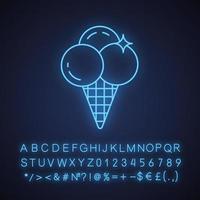 Ice cream neon light icon. Ice cream balls in waffle cone. Glowing sign with alphabet, numbers and symbols. Vector isolated illustration