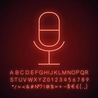 Microphone neon light icon. Radio broadcasting. Glowing sign with alphabet, numbers and symbols. Vector isolated illustration