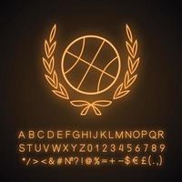Basketball championship neon light icon. Basketball ball in laurel wreath. Glowing sign with alphabet, numbers and symbols. Vector isolated illustration
