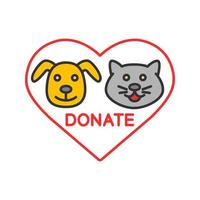 Donation for pets color icon. Animals welfare. Heart with cat and dog snouts inside. Isolated vector illustration