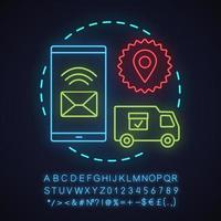 Parcel tracking app neon light concept icon. Delivery service idea. Shipping. Glowing sign with alphabet, numbers and symbols. Vector isolated illustration