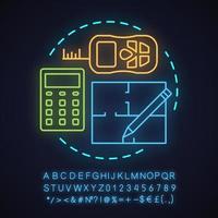 Building project neon light concept icon. Blueprint idea. Floor plan. Glowing sign with alphabet, numbers and symbols. Vector isolated illustration