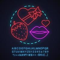 Sex shop neon light concept icon. Passion idea. Romantic intimate relationships. Chocolate sweets, kiss, strawberry. Glowing sign with alphabet, numbers and symbols. Vector isolated illustration