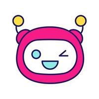 Winking robot emoji color icon. Happy and funny chatbot smiley. Chat bot emoticon. Artificial conversational entity. Virtual assistant. Artificial intelligence. Isolated vector illustration