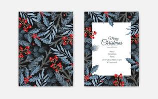 Set of Merry Christmas greeting cards, vertical banners, flyers, invitations. Happy New Year, Happy Holidays cards with christmas florals and winter objects vector
