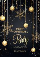 invitación de fiesta de navidad con bolas y copos de nieve dorados vector