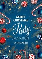 Christmas party invitation with balls and gold snowflakes vector