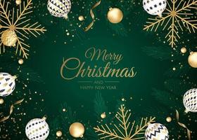 Merry Christmas and Happy New Year background. Christmas holiday card with fir tree, snowflakes, balls