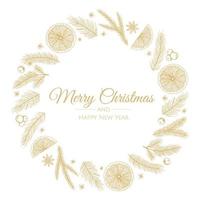 feliz navidad y año nuevo tarjeta con corona de pino, muérdago, plantas de invierno diseño ilustración para saludos, invitación, volante, folleto. vector
