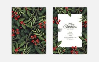 Set of Merry Christmas greeting cards, vertical banners, flyers, invitations. Happy New Year, Happy Holidays cards with christmas florals and winter objects vector
