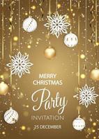 Christmas party invitation with balls and gold snowflakes vector