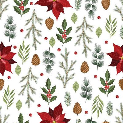 Xmas Seamless pattern with Christmas Tree Decorations, Pine Branches hand drawn art design vector illustration.