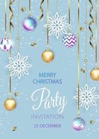 Merry Christmas Party invitation. Happy New Year card Decoration. Winter background. Seasonal holidays. vector