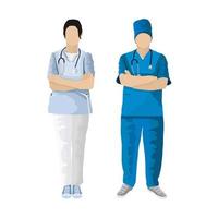Hombre y mujer médico, enfermero u ordenanza sobre un fondo blanco, tratamiento de enfermedades y virus - vector