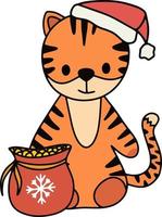 Vector cute new year baby tiger sitting pose. Tiger with santa hat and red lucky bag with gold coins. Isolated nursery clipart