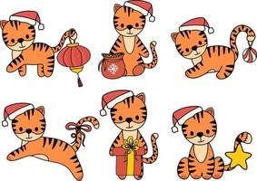 Collection with vector new year baby tiger different poses. Tiger with santa hat collection. Isolated nursery clipart.