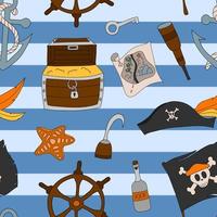 Vector colorful pirate seamless pattern with nautical theme. Fun pirate background with colorful elements