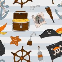 Vector de patrones sin fisuras pirata colorido con tema náutico. divertido fondo pirata con elementos coloridos