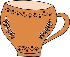 Vector illustration with orange handmade ceramic cup. Ceramic kitchen items with nature ornament design. Handmade pottery