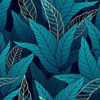 Tropical leaves with golden outlines seamless pattern vector