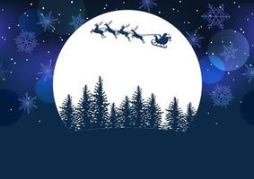 Santa Clause And Reindeers Flying Across The Full Moon On A Night Sky Background. Christmas Vector Background Illustration. Horizontally Repeatable.