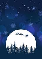 Santa Clause And Reindeers Flying Across The Full Moon On A Night Sky Background. Christmas Vector Background Illustration.