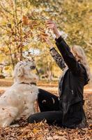 happy owner woman playing with her retriever dog in autumn park