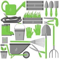 Garden set, garden tools and accessories, gardening materials in flat style vector illustration