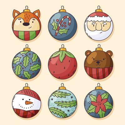 Set of hand drawn Christmas decorations and balls
