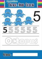 number tracing and coloring octopus for kids vector