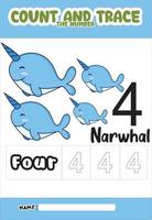 numbering trace and color narwhal .for kids. vector