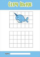 copy the picture of animal. cartoon animal. narwhal. for kids vector